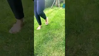 Pushing a manual reel lawn mower to trim overgrown grass and maintain a neat green yard