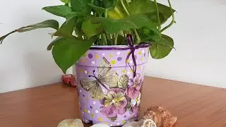 DIY DECOUPAGE ON OLD PLASTIC POT/ UPCYCLING OLD PLANTER / EASY DECOUPAGE  ON PLASTIC