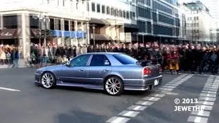 Nissan Skyline R34 Sedan Loud Revs and Small Burnout! Cruising through D&uuml;sseldorf! (1080p Full HD)