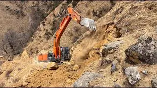 Risky Mountain Village Roadwork: Tata Excavator Clearing Rocks and Dirt | Hilly Road Construction -2