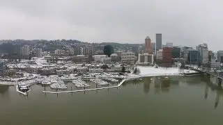 Portland, Oregon Snow Day - Drone View - RiverPlace Marina & Downtown