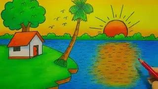 Beautiful Village Scenery Drawing | Easy Oil Pastel Landscape Art | Beautiful Village Scenery Dra...