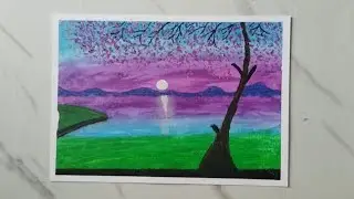 Oil pastels spring scenery painting ideas/oil pastels drawing cherry blossom.