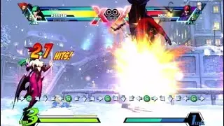 UMVC3 Morrigan Soul Drain combo (which builds 5 bars) with Phoenix and Dr.Doom assists