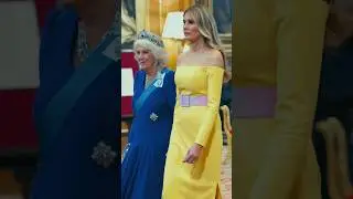 State dinner: First Lady wore a canary yellow off-the-shoulder gown w/ lilac belt, emerald earrings