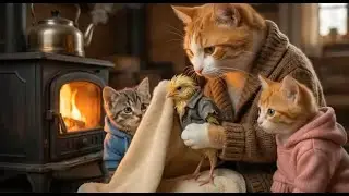 Mama Cat and Two Kittens Rescued a Baby Chick in a Snowstorm 🐣❄️