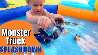 Monster Jam Monster Trucks water challenges | pretend play on giant waterslide
