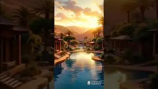 Stunning Oasis Sunset: Pool, River, and Dunes #dreamvibe #relaxation #aesthetic