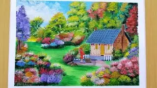 Cottage house with flowery garden 🏡 🌺 || scenery acrylic painting