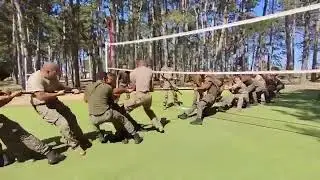 Tug of war during the Indo-French Joint Military Exercise at Camp Larzac, La Cavalerie in France.  