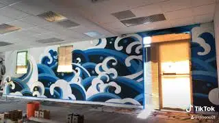 Japanese waves spray paint street art mural