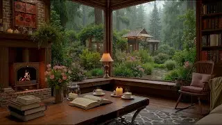 Peaceful Garden Ambience | Warm Jazz Music & Gentle Fireplace Sounds for Study & Work