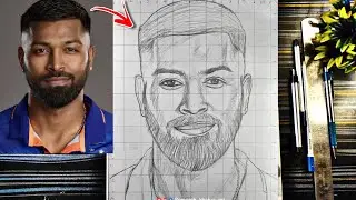 How to draw Hardik Pandya, Outline Tutorial drawing with grid, T20 world champion trophy