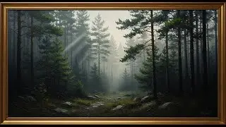 Frame TV Art with Music: Misty Pine Forest & Sunbeams | Samsung Frame TV Art | Moody Nature Painting