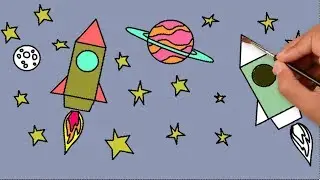 How to Draw and Color SPACE ROCKET WITH STARS, PLANET easily | Learn COLORING and DRAWING for KIDS