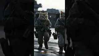 Two kittens in battle gear sprint on an aircraft carrier, armed and focused. #ai #cute #animation