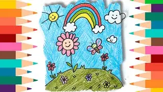 Easy drawing for kids 🔆 FLOWERS RAINBOW BUTTERFLY CLOUDS SUN 🔆🌸🌈🦋Beautiful scenery 🥰