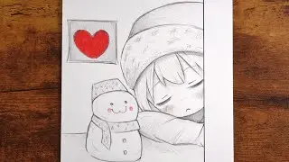 Cute Winter Anime Sketch: Sleeping Girl & Snowman | Cozy Snowy Drawing Tutorial