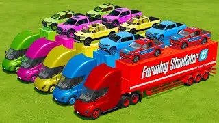 TRANSPORTING TOYOTA, NISSAN, DODGE, FORD & MERCEDES PICKUP CARS WITH TESLA TRUCKS - Farming Simulato