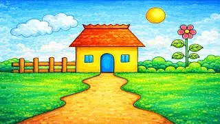 Easy Village House Drawing Step by Step | Simple Scenery Drawing for Beginners