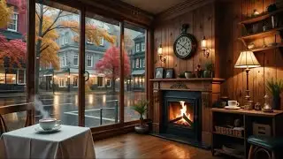 Autumn Rainy Street Jazz ☔ Cozy Piano & Fireplace Ambience for Relaxing | Cozy Coffee Jazz