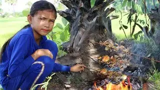 Find catch rice crab - in hole under grass grill crab for food delicious in field