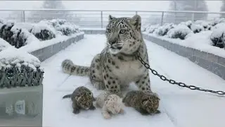 A chained snow leopard Cannot Feed Her Newborn cubs, Heartbreaking scenes in the snow