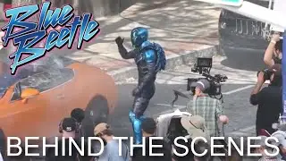Blue Beetle movie behind the scenes. Xolo Maridue&ntilde;a in full costume. Set photos and videos