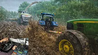 Буксировка застрявшего JD 7530 с фаркопом на глубоком грязном силосном поле | FS25 Hori gameplay