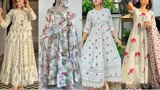 Lawn Cotton Anarkali Suit Design 2025//Summer Special Printed Causal Frocks/White Color Frock Ideas