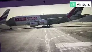 Aircraft front camera view of departure from Dubai