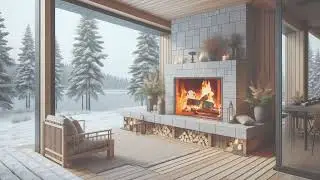 Cozy Outdoor Deck with Crackling Fireplace & Falling Snow | Winter Relaxation Ambience