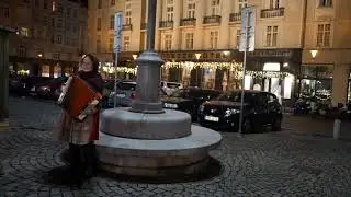 A lady playing traditional Czech music with accordion, Brno