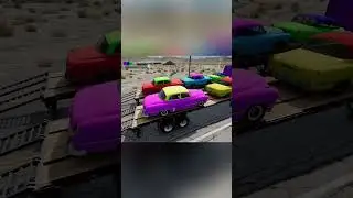 Flatbed Trailer Truck Rescue Cars vs Speed Bumps - Train vs Cars [BeamNG Drive]