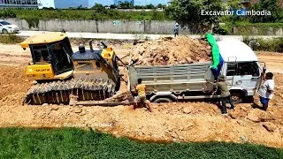 Incredible dump truck drive back stuck wet soil recovery by skill shantui heavy dozer made in china