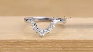 Curved Diamond Band in Solid White Gold / Gold Chevron Ring / Bridal Gift For Her/ Matching Band