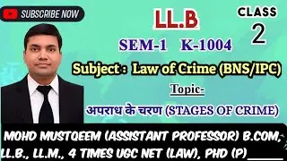 LL.B IST SEM, K-1004, Class -2, Law of Crime (BNS/IPC), Topic - अपराध के चरण, stages of Crime......