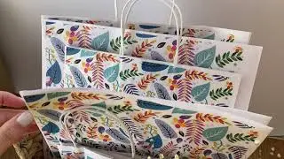 Пакет из крафт бумаги с ручками и без, разных размеров, белый с цветными листками