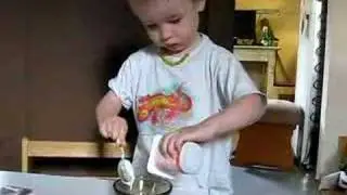 23 month old making his own snack, montessori