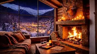 Mountain Night Lookout | Crackling Fireplace & Snowfall | Cabin Ambience (ASMR)