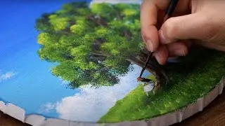 Easy Landscape Acrylic Painting on Circular Canvas Tutorial｜White Dress Girl｜ASMR #1164