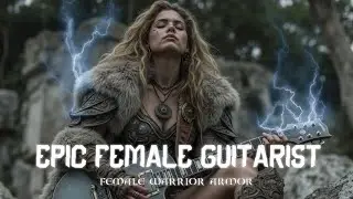 Epic Warrior Woman with Electric Guitar Cinematic Fantasy Metal Battle Goddess Art