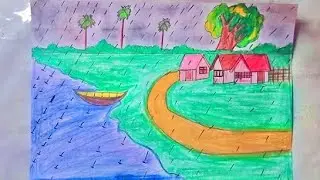 How to draw a rainy season scenery. Rainy village scenery drawing. 