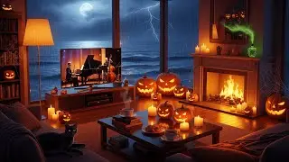 Halloween Jazz Night by the Sea 🌊🔥 | Cozy Fireplace, Ocean Rain & Smooth Jazz | Relax & Sleep