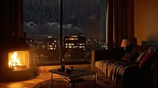 Warm Fireplace & Rainy City Night | Cozy Living Room Ambience for Deep Sleep