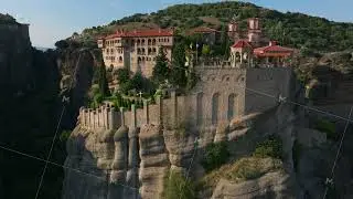 Aerial views showcase Monastery of Varlaam, an Eastern Orthodox site featuring byzantine