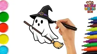 How to Draw Cute Cartoon Ghost Flying on a Broom | Easy Halloween Drawing for Kids | Doodle World