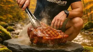 GIANT Tomahawk Steak on River Stone 🔥 Ultimate Bushcraft Searing ASMR #food #cooking