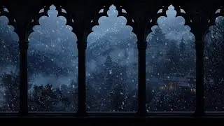 Gothic Castle Window at Night – Snowstorm with Howling Wind for Deep Sleep