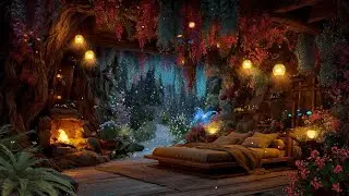 Relaxing Magical Winter Forest Music | Cozy Tree House Ambience & Crackling Fire Sounds for Sleep